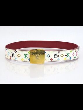 Louis Vuitton White Multicolor Monogram Belt with Gold LV Buckle